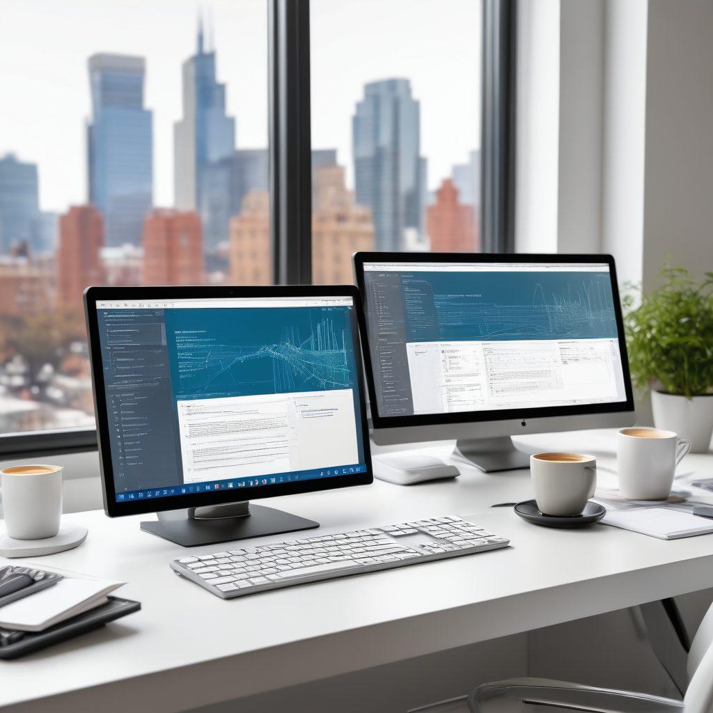 A sleek, modern workspace with dual monitors displaying code and a beautifully designed website, a coffee mug beside a minimalist keyboard, and a notepad with sketches of web layouts. A serene cityscape view through a large window in the background. The scene exudes professionalism, creativity, and advanced technology. super-realistic. vibrant colors. white background.