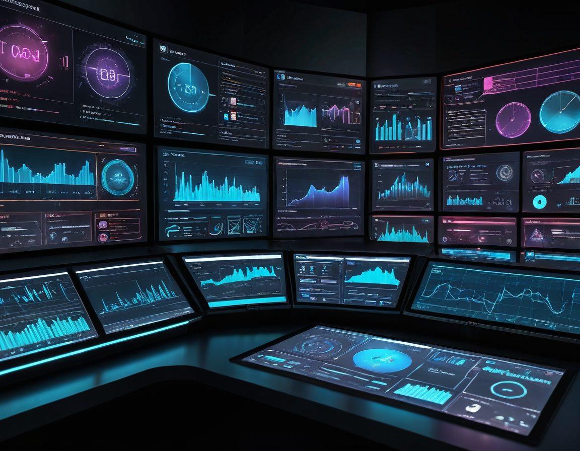 A futuristic control room with a holographic dashboard displaying website analytics, optimization tools, and performance graphs. Napolian, a knowledgeable digital expert, is actively managing the controls, ensuring smooth website operation. Emphasize sleek modern design and vibrant interface elements. vibrant colors. super-realistic.